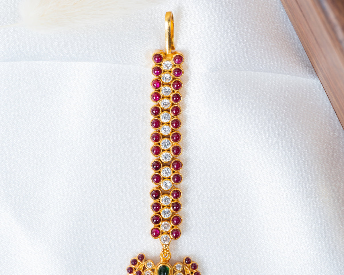 Ruby & White Stone Gold-Plated Traditional Maang Tikka with Green Accent