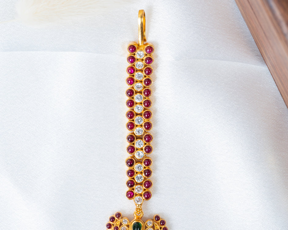Ruby & White Stone Gold-Plated Traditional Maang Tikka with Green Accent
