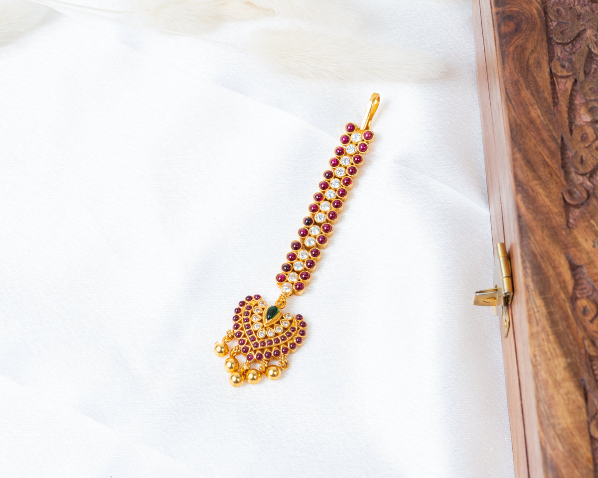 Ruby & White Stone Gold-Plated Traditional Maang Tikka with Green Accent