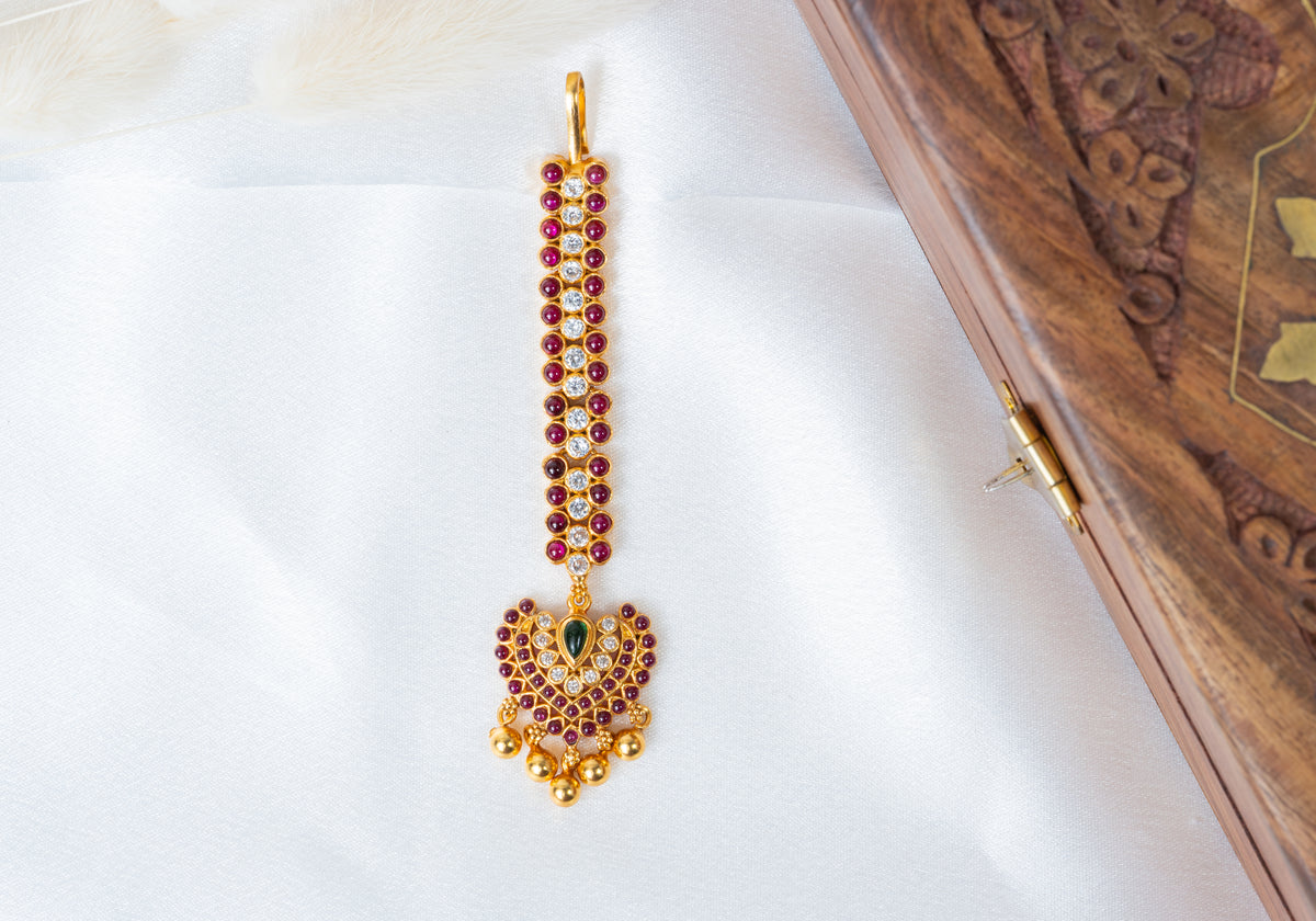Ruby & White Stone Gold-Plated Traditional Maang Tikka with Green Accent