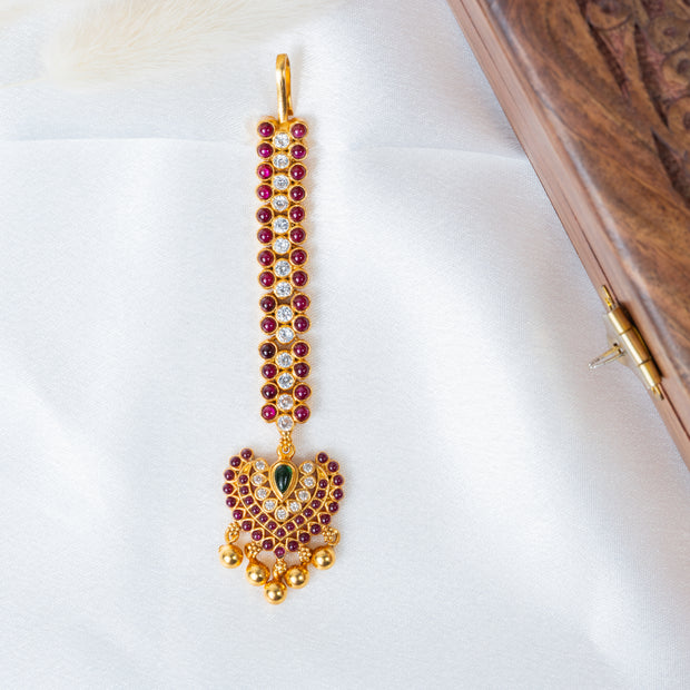 Ruby & White Stone Gold-Plated Traditional Maang Tikka with Green Accent
