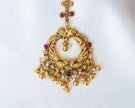 Traditional Gold-Plated Peacock Nakshi Maang Tikka with Ruby & Green Stones