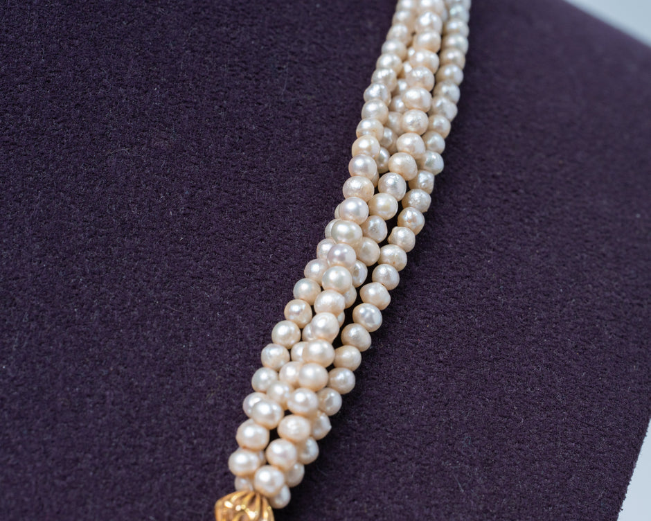 Royal Pearl & Kemp Stone Antique Gold 925 Silver Necklace