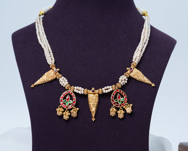 Royal Pearl & Kemp Stone Antique Gold 925 Silver Necklace
