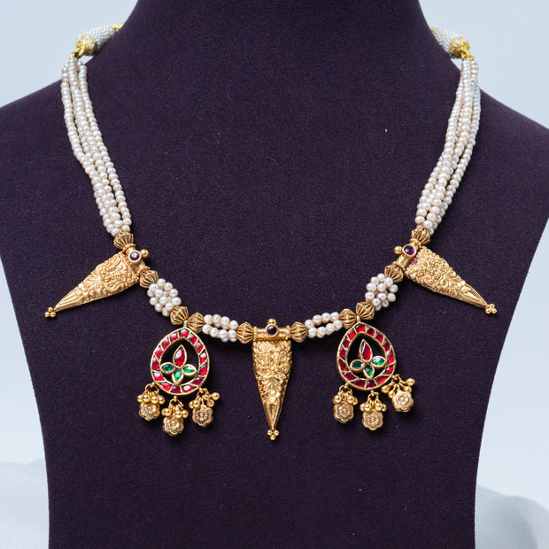 Royal Pearl & Kemp Stone Antique Gold 925 Silver Necklace