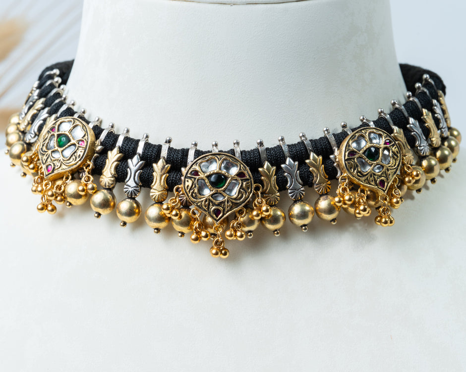 Antique Gold Peacock Motif Black Thread 925 Silver Choker Necklace