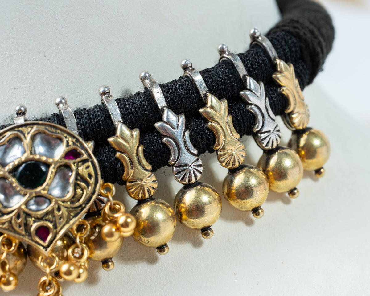 Antique Gold Peacock Motif Black Thread 925 Silver Choker Necklace