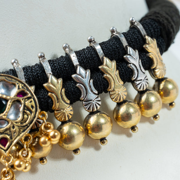 Antique Gold Peacock Motif Black Thread 925 Silver Choker Necklace