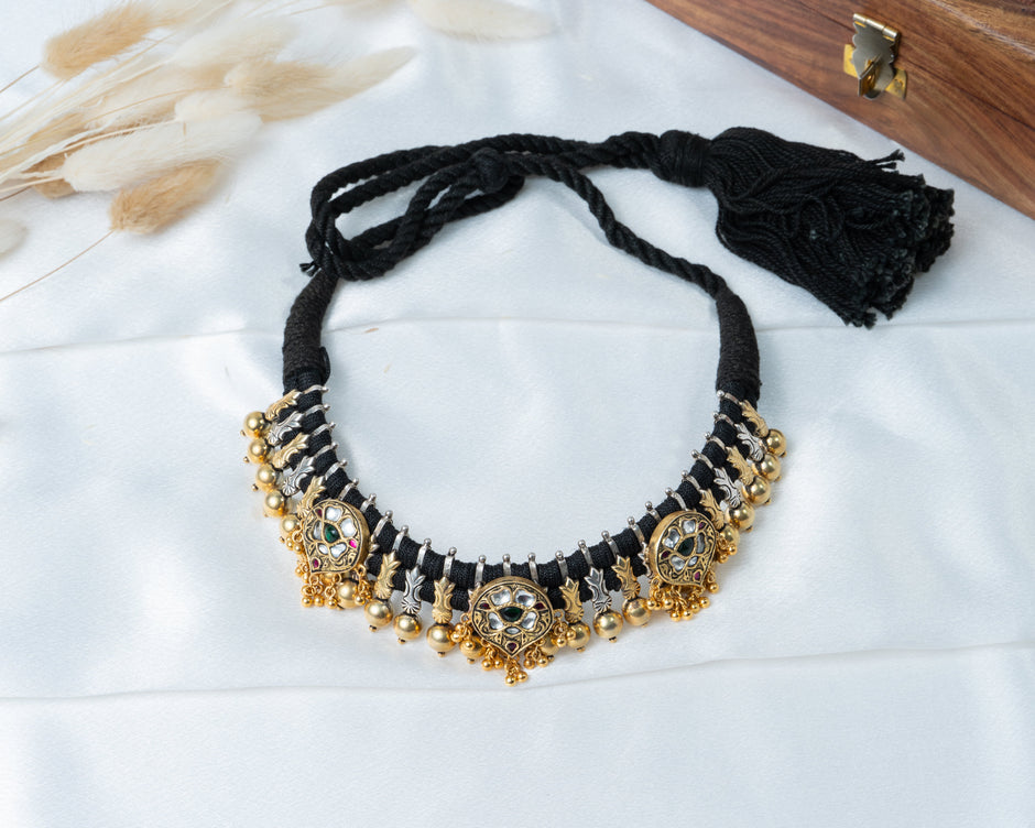 Antique Gold Peacock Motif Black Thread 925 Silver Choker Necklace