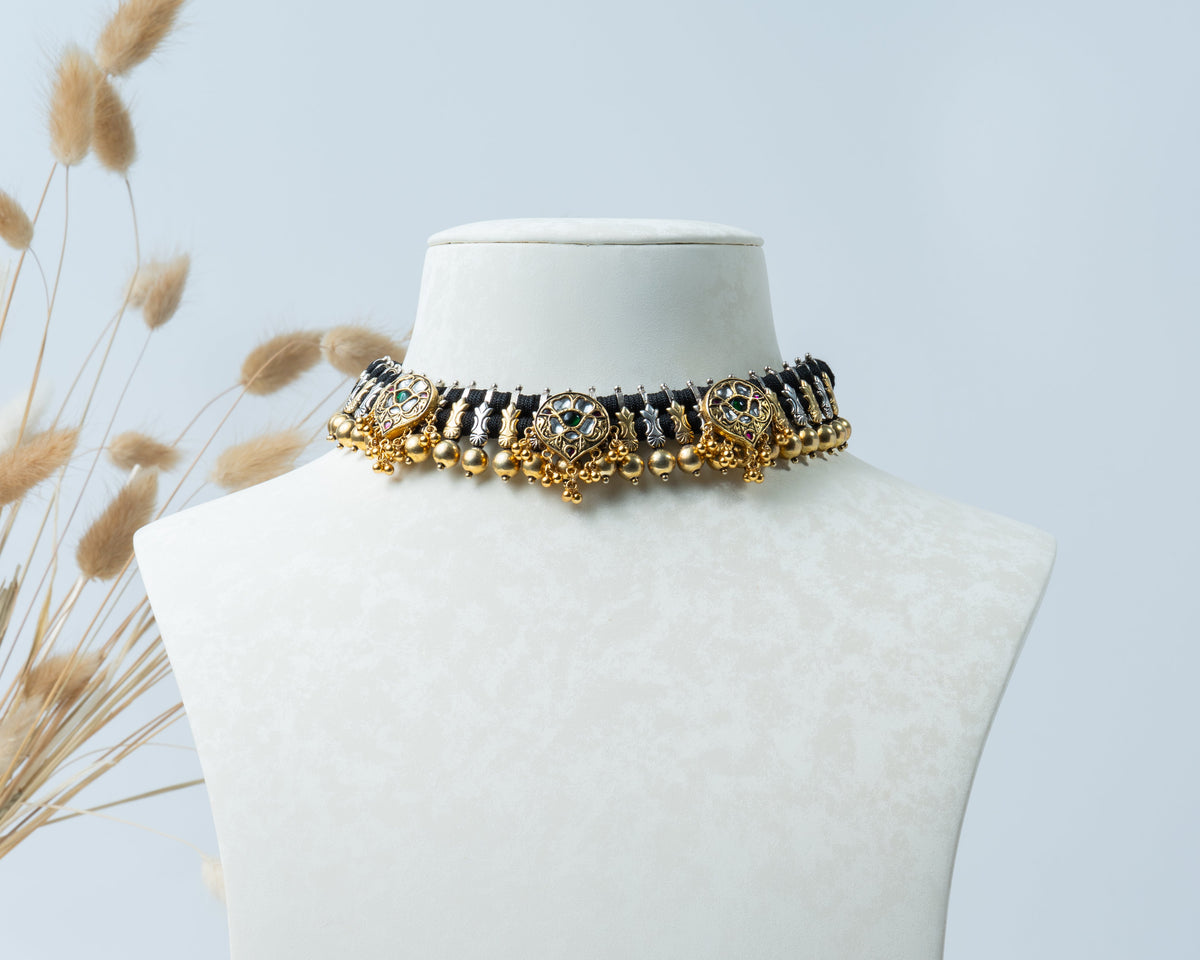 Antique Gold Peacock Motif Black Thread 925 Silver Choker Necklace