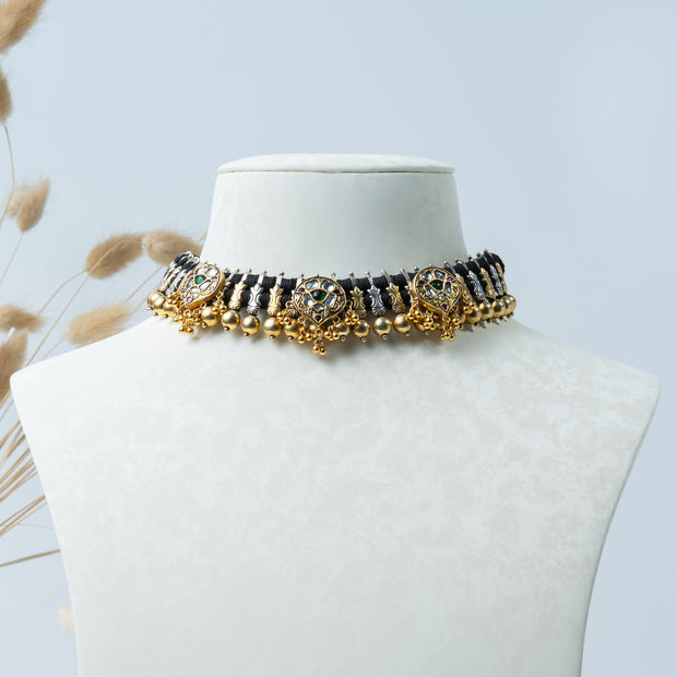 Antique Gold Peacock Motif Black Thread 925 Silver Choker Necklace