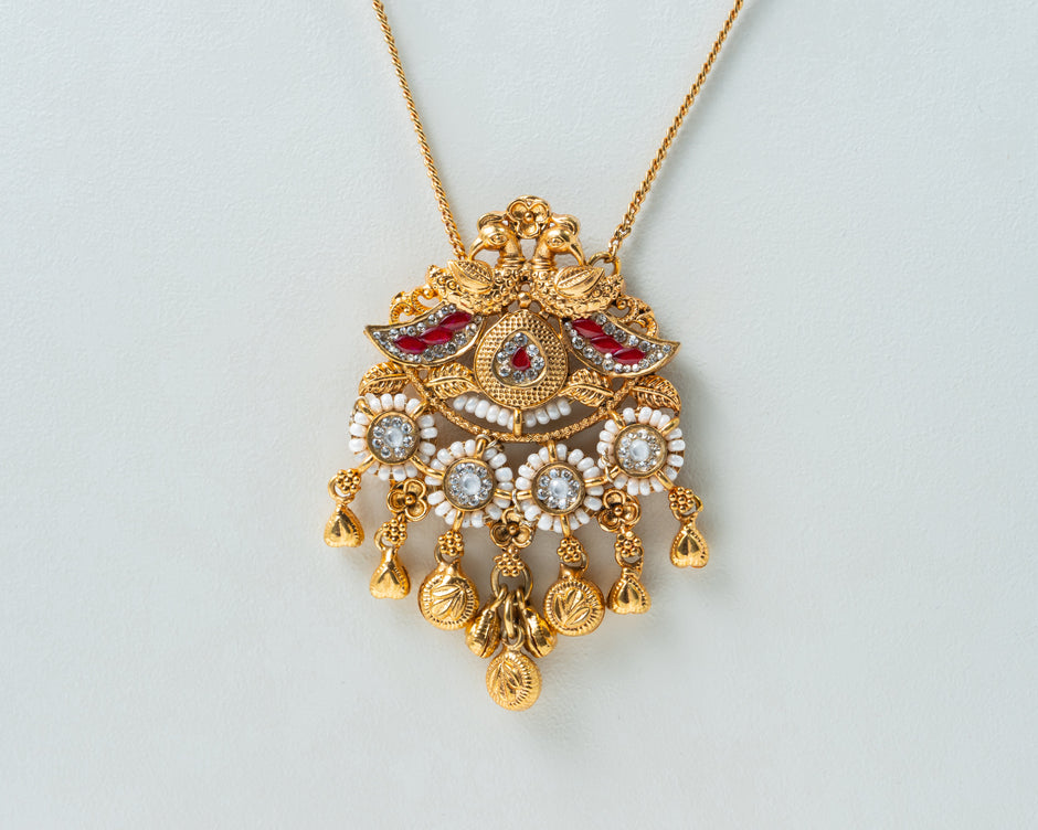 Royal Ruby Pearl Drop Gold-Plated 925 Silver Pendant Necklace & Earrings Set