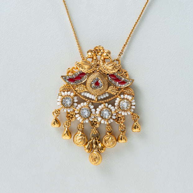 Royal Ruby Pearl Drop Gold-Plated 925 Silver Pendant Necklace & Earrings Set