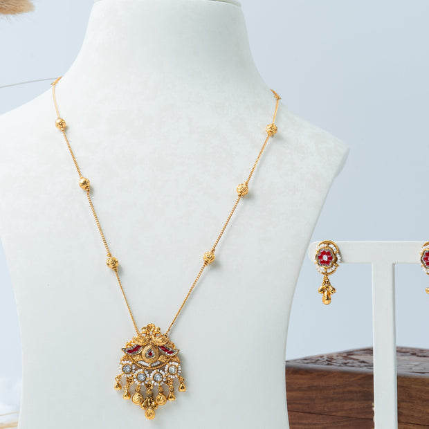 Royal Ruby Pearl Drop Gold-Plated 925 Silver Pendant Necklace & Earrings Set