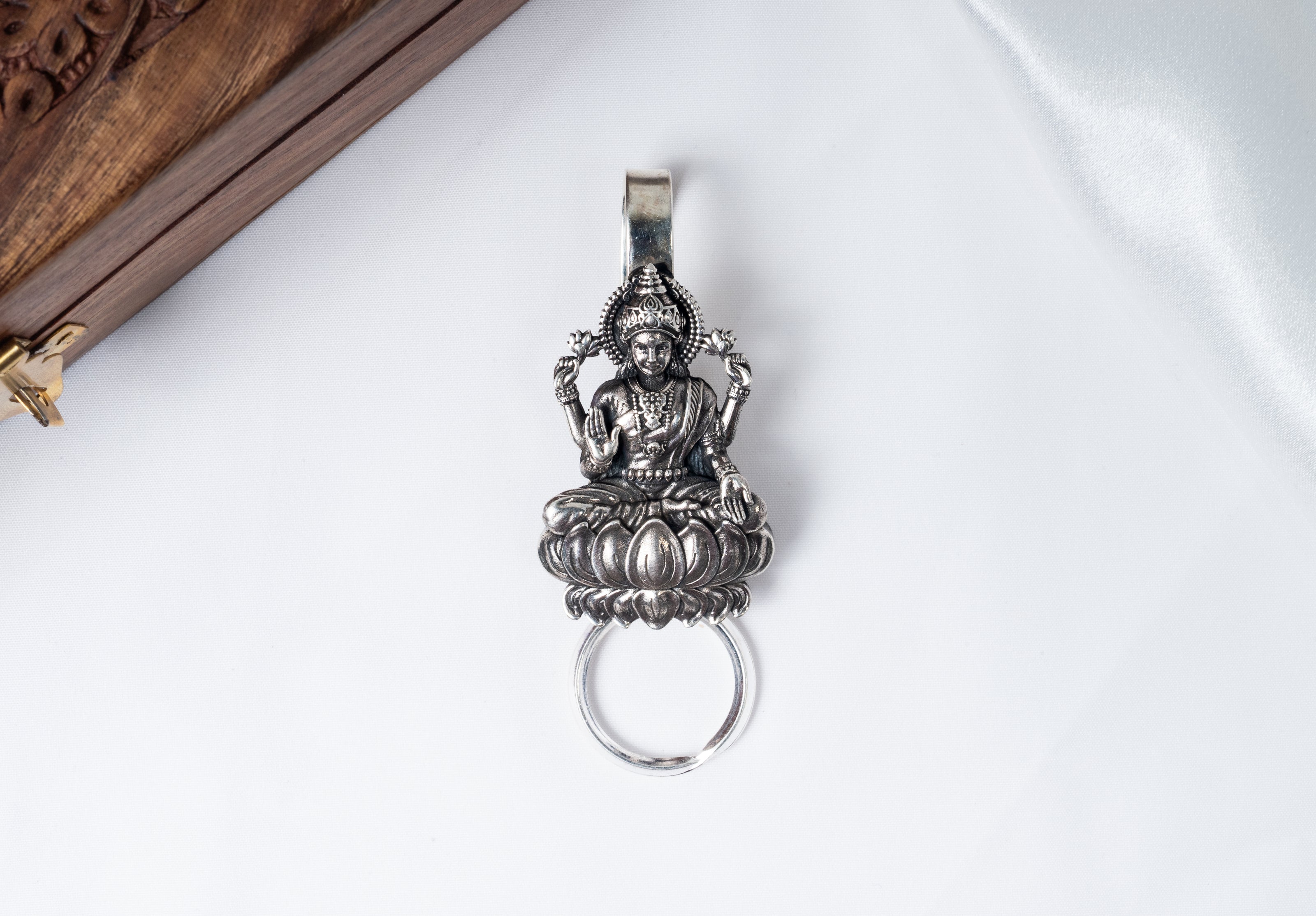 Goddess Lakshmi 925 Sterling Silver Keychain – Antique Temple Design