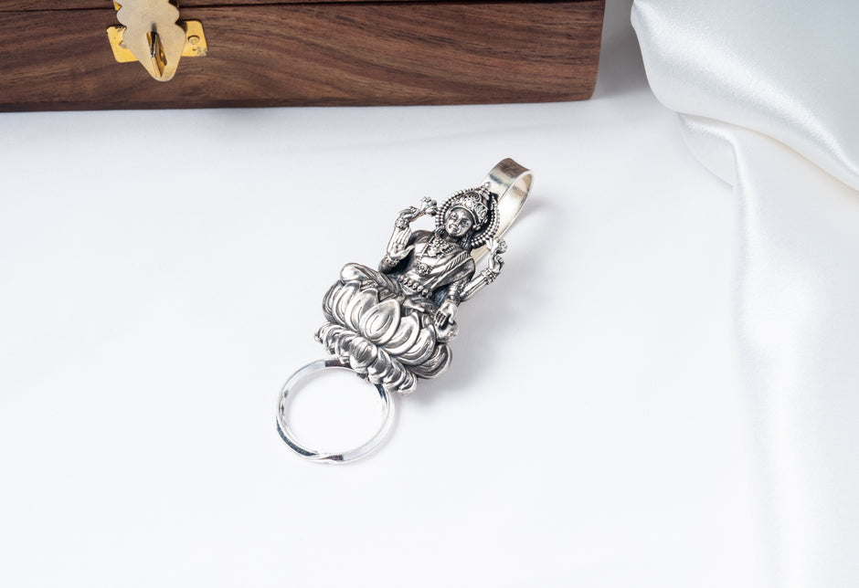 Goddess Lakshmi 925 Sterling Silver Keychain – Antique Temple Design