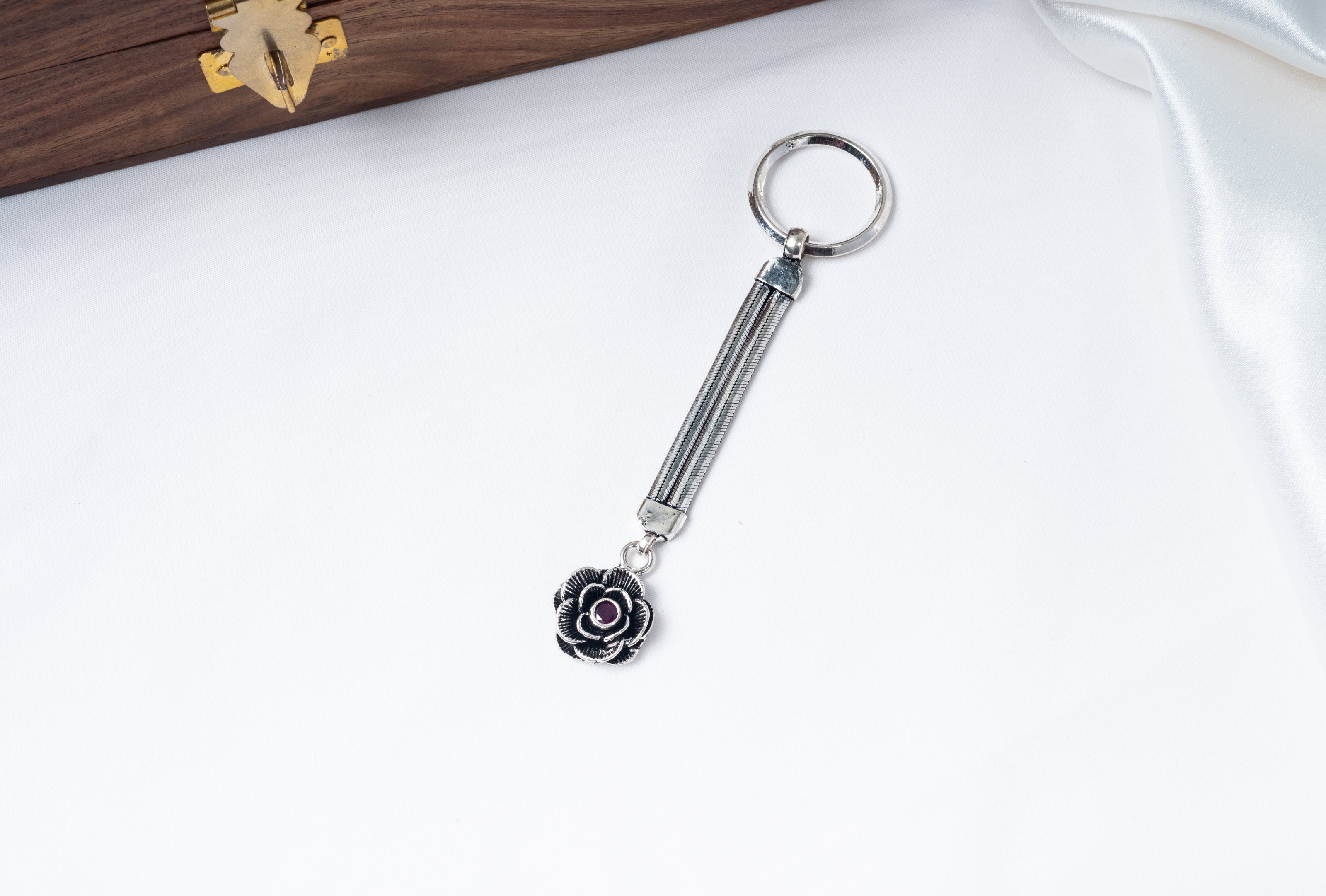 Floral Ruby Stone 925 Sterling Silver Keychain – Antique Rose Charm Key Holder