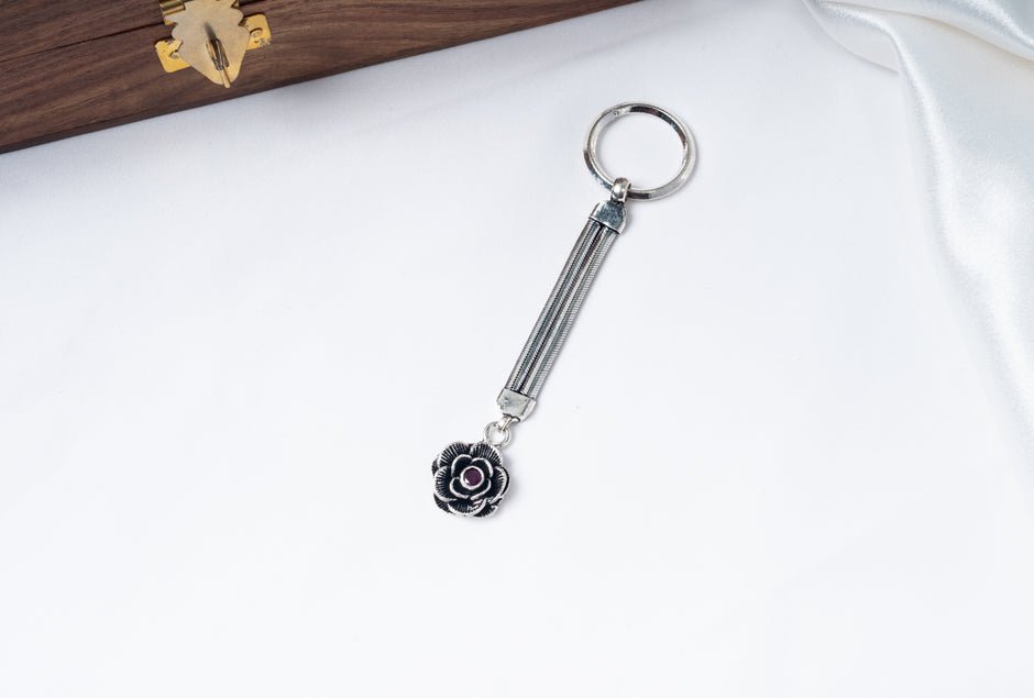 Floral Ruby Stone 925 Sterling Silver Keychain – Antique Rose Charm Key Holder