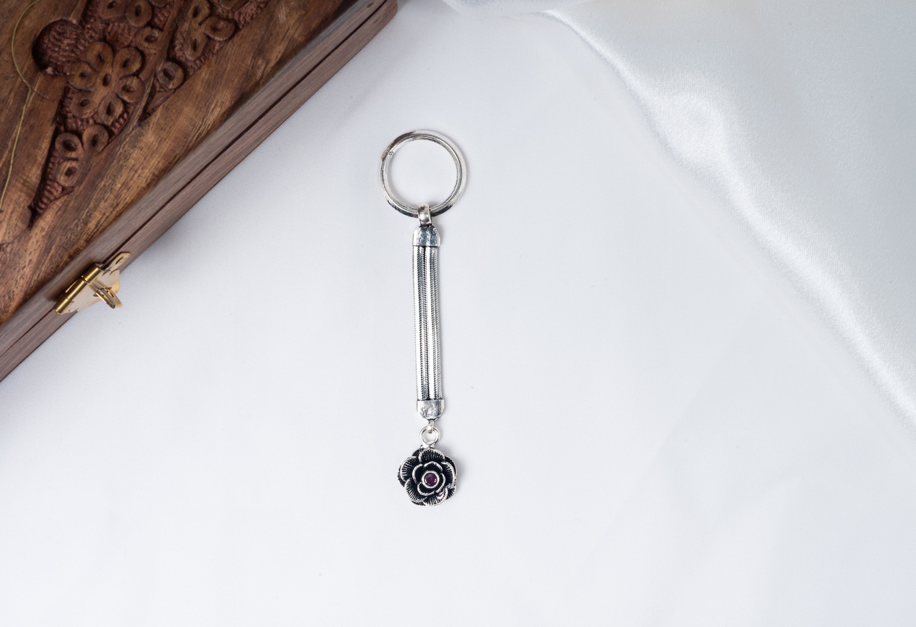Floral Ruby Stone 925 Sterling Silver Keychain – Antique Rose Charm Key Holder