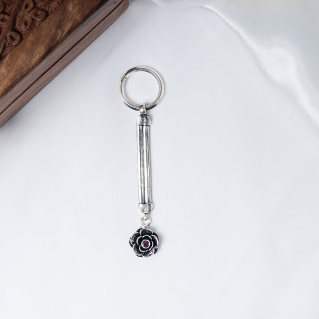 Floral Ruby Stone 925 Sterling Silver Keychain – Antique Rose Charm Key Holder