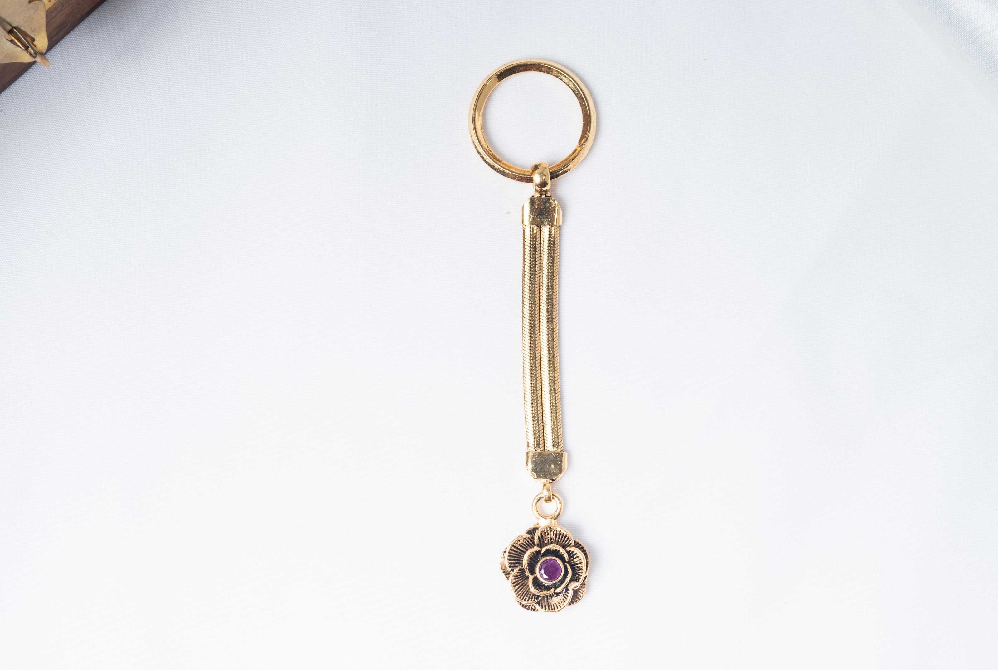 Floral Ruby Stone Gold-Plated 925 Sterling Silver Keychain – Rose Charm Key Holder
