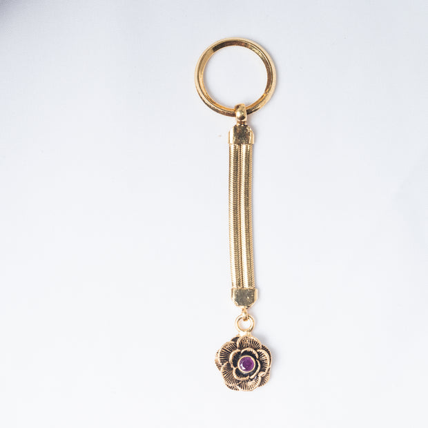 Floral Ruby Stone Gold-Plated 925 Sterling Silver Keychain – Rose Charm Key Holder