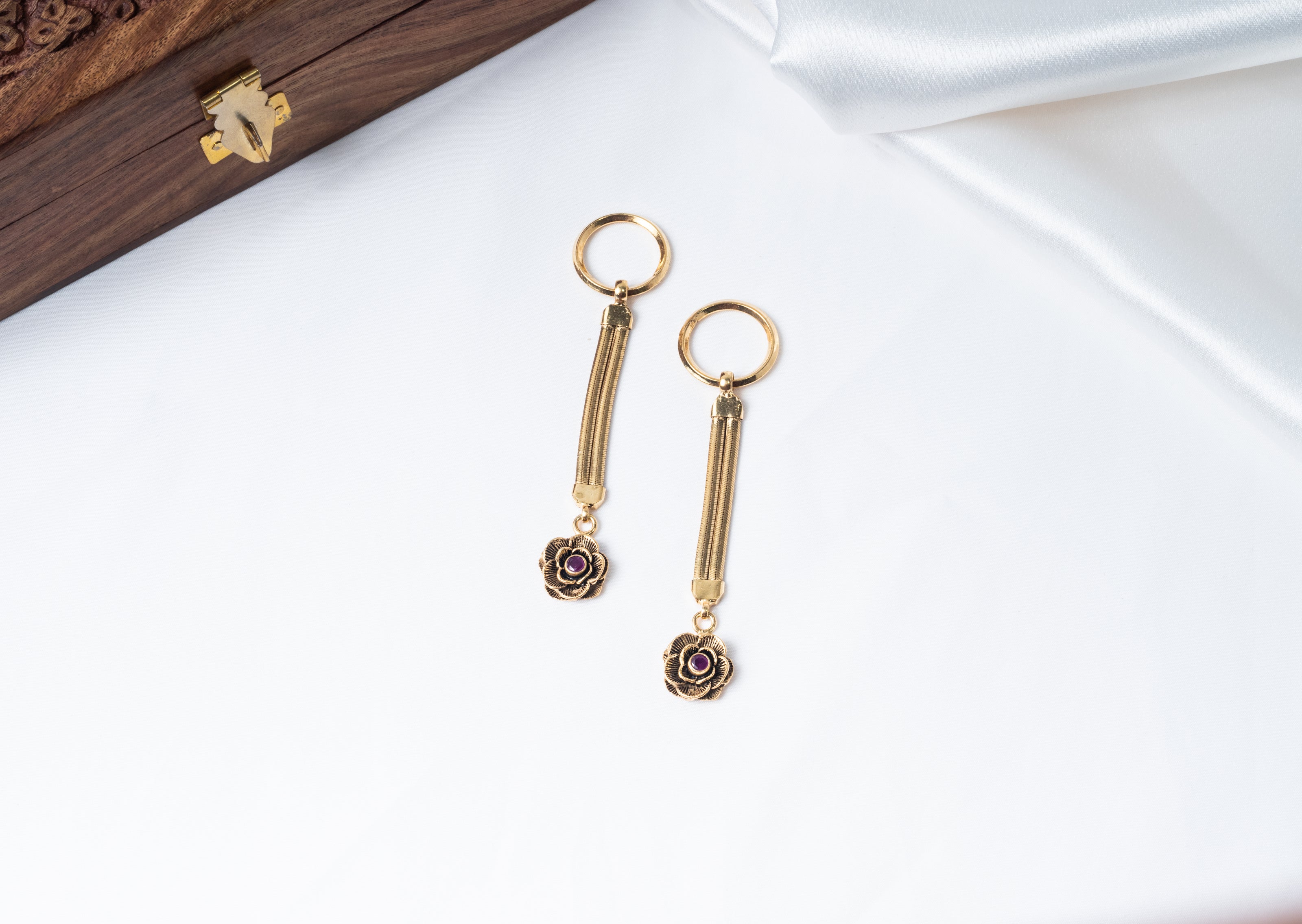 Floral Ruby Stone Gold-Plated 925 Sterling Silver Keychain – Rose Charm Key Holder