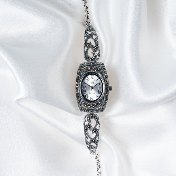 Vintage Marcasite 925 Sterling Silver Quartz Watch for Women – Antique Floral Design