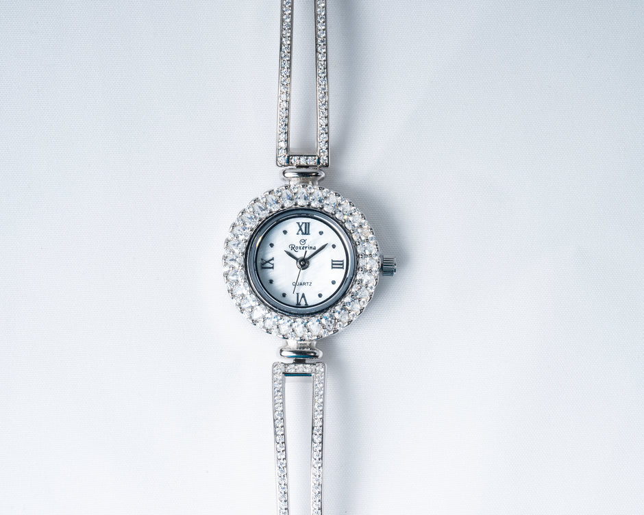 925 Silver Crystal Halo Women’s Watch with Elegant Bracelet Strap