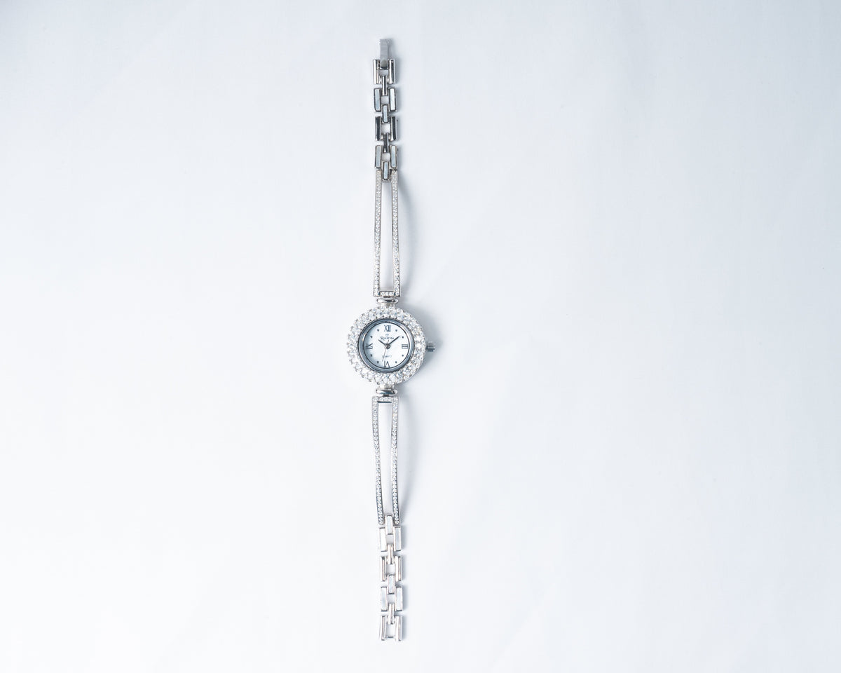 925 Silver Crystal Halo Women’s Watch with Elegant Bracelet Strap