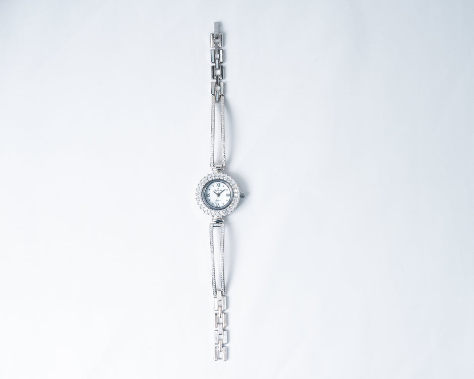 925 Silver Crystal Halo Women’s Watch with Elegant Bracelet Strap