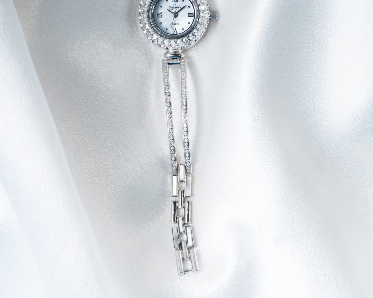 925 Silver Crystal Halo Women’s Watch with Elegant Bracelet Strap