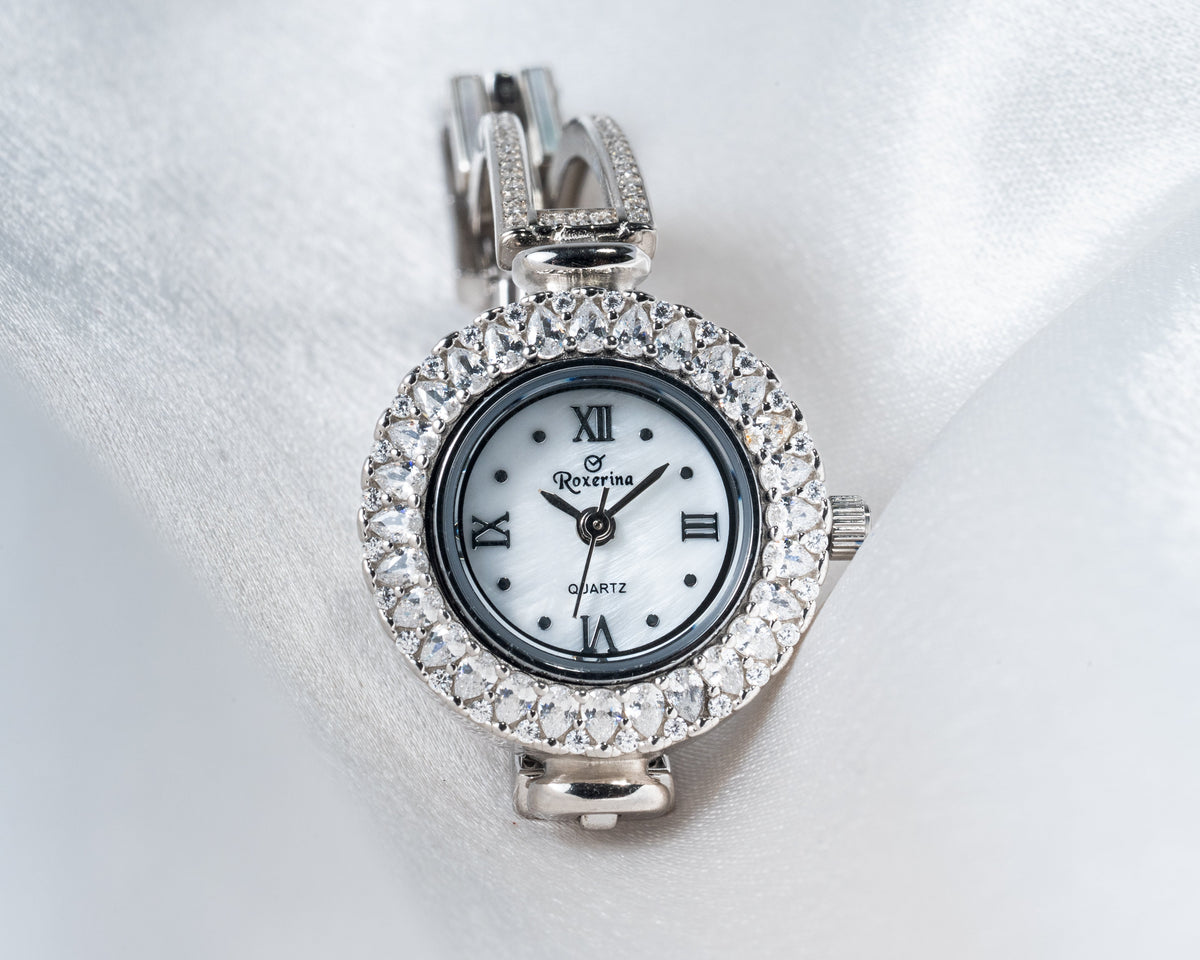 925 Silver Crystal Halo Women’s Watch with Elegant Bracelet Strap