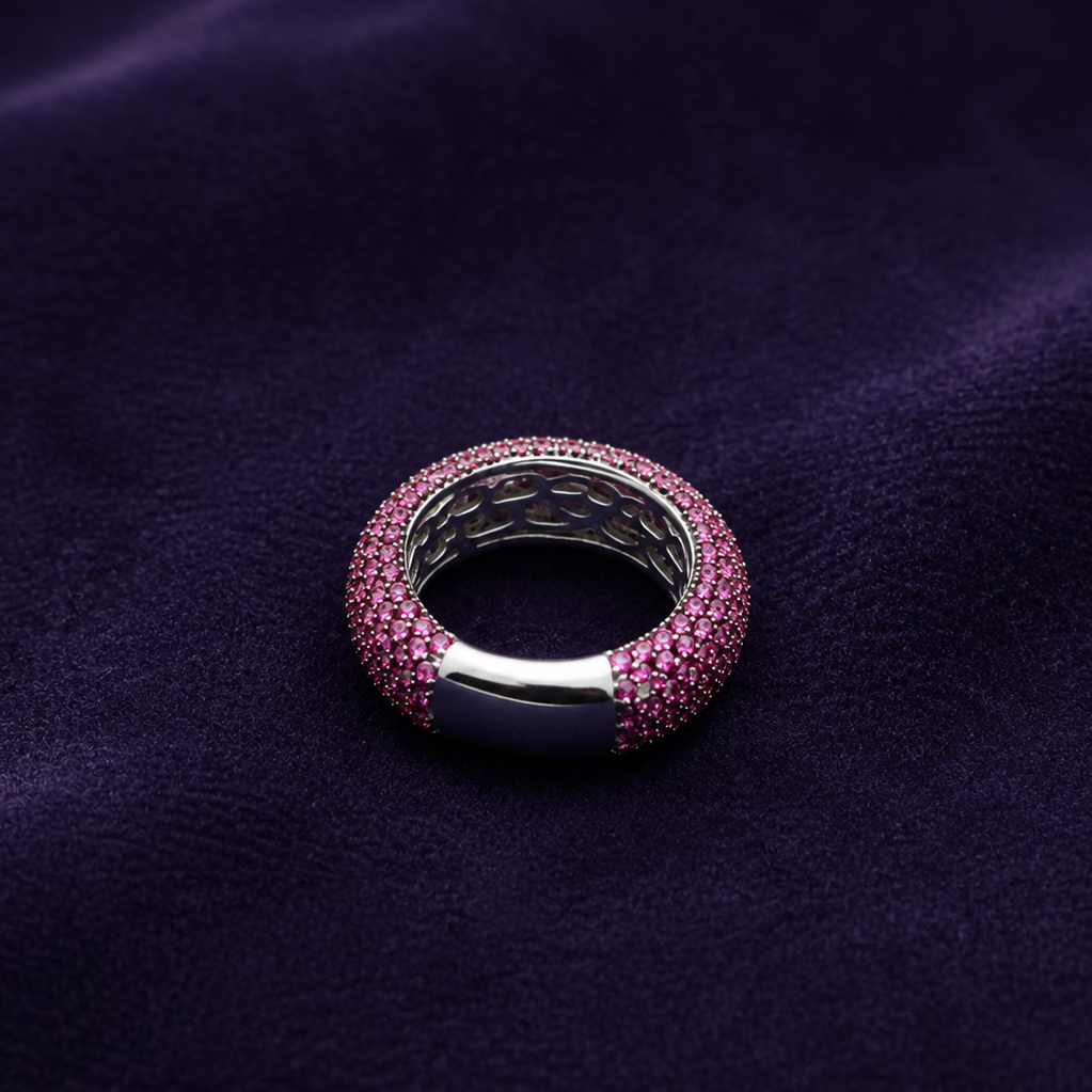 925 Sterling Silver Pink Stone Pave Statement Band Ring for Women