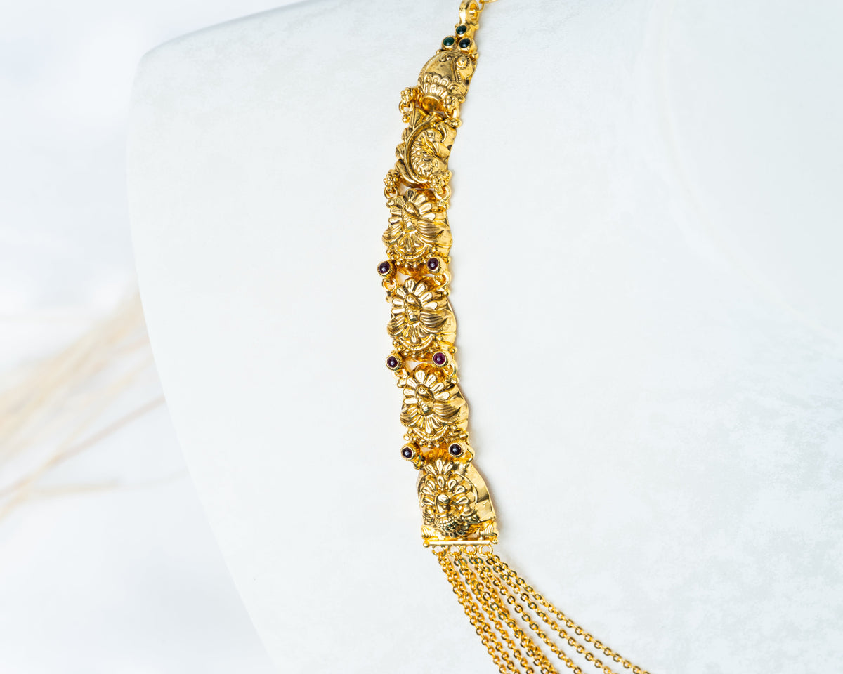 Gold-Plated Multi-Layer Chain Necklace with Traditional Side Motifs