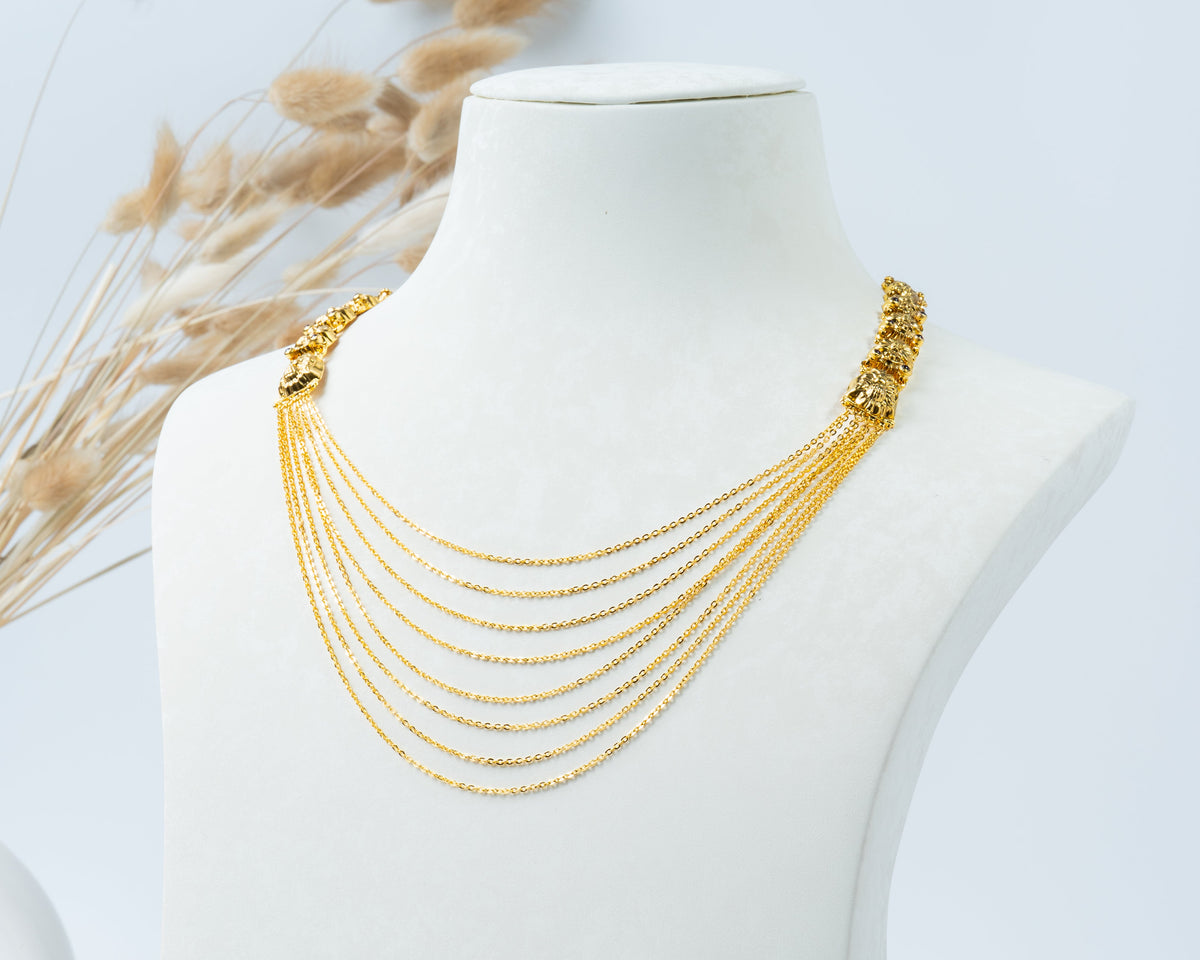 Gold-Plated Multi-Layer Chain Necklace with Traditional Side Motifs