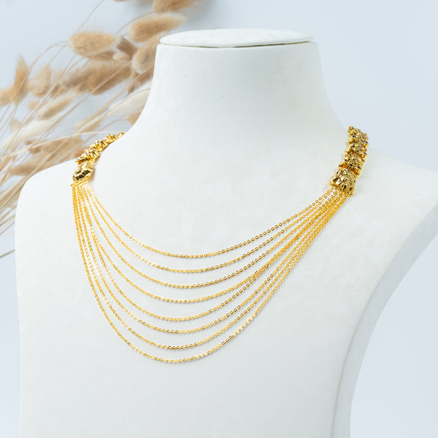 Gold-Plated Multi-Layer Chain Necklace with Traditional Side Motifs