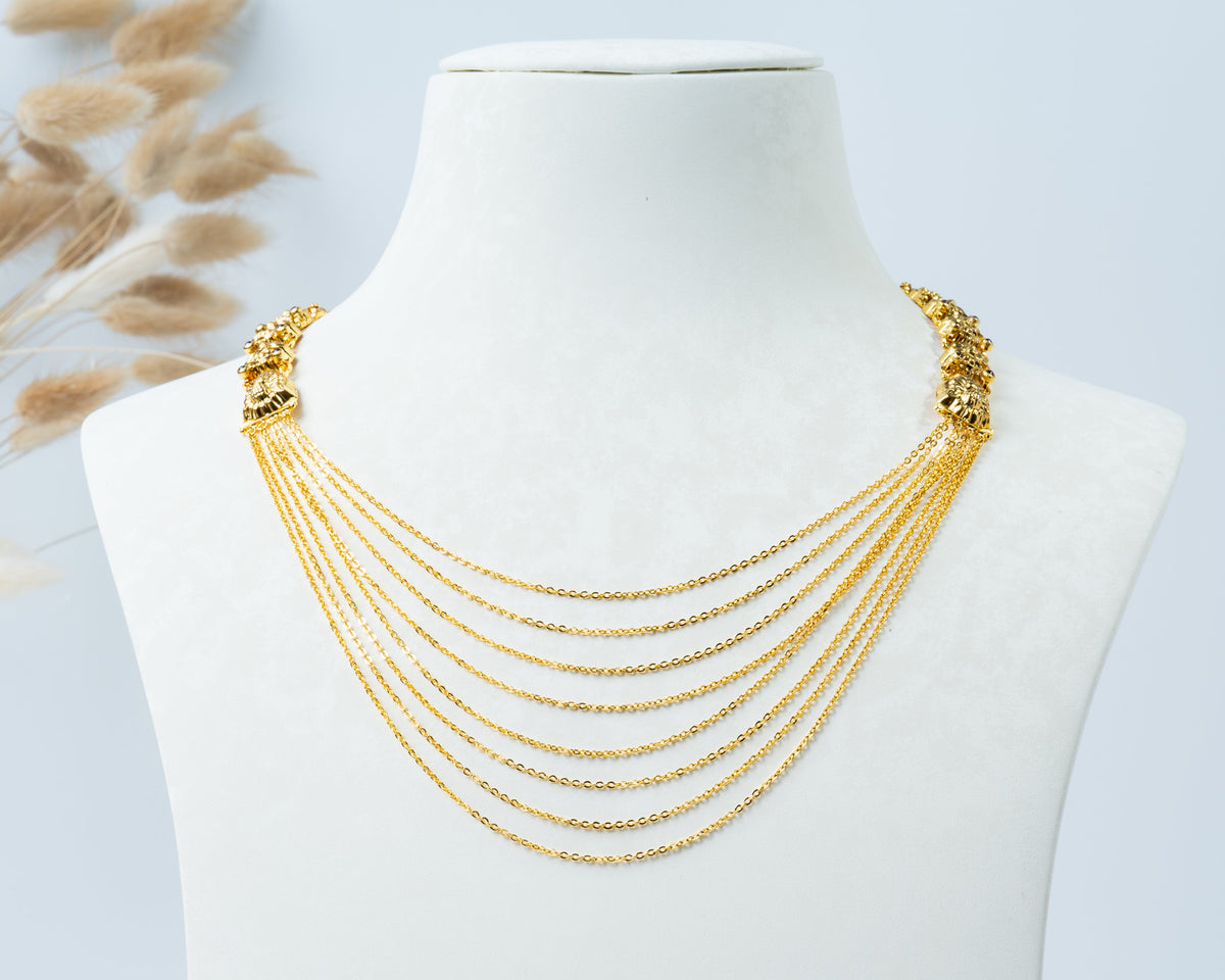 Gold-Plated Multi-Layer Chain Necklace with Traditional Side Motifs