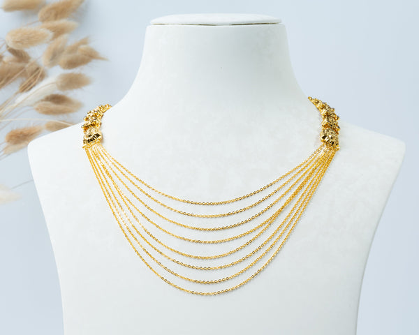 Gold-Plated Multi-Layer Chain Necklace with Traditional Side Motifs