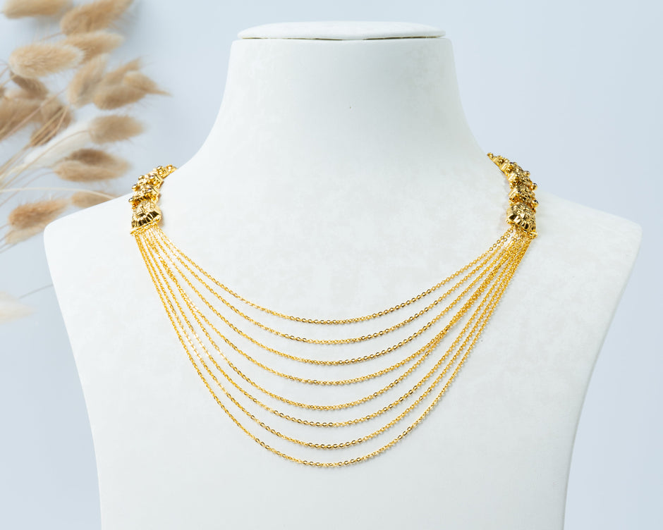 Gold-Plated Multi-Layer Chain Necklace with Traditional Side Motifs