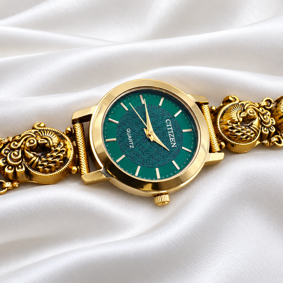 Royal Peacock 925 Sterling Silver Gold Polished Designer Watch