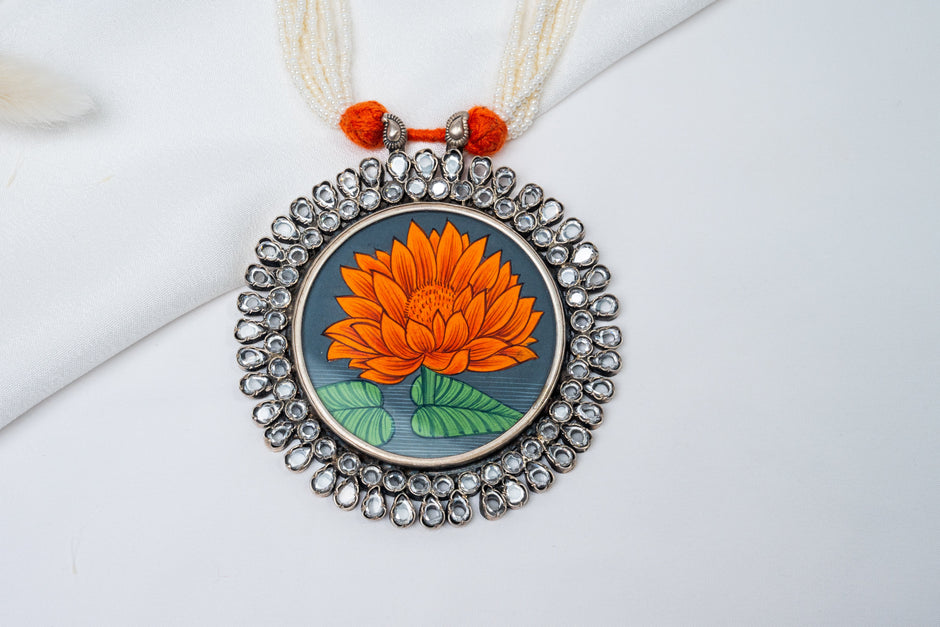 Orange Lotus Kundan Oxidised Silver Multilayer Pearl Beaded Necklace