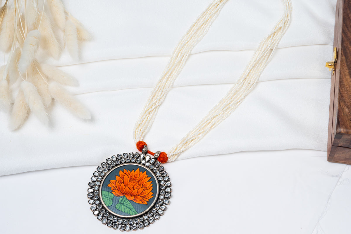 Orange Lotus Kundan Oxidised Silver Multilayer Pearl Beaded Necklace
