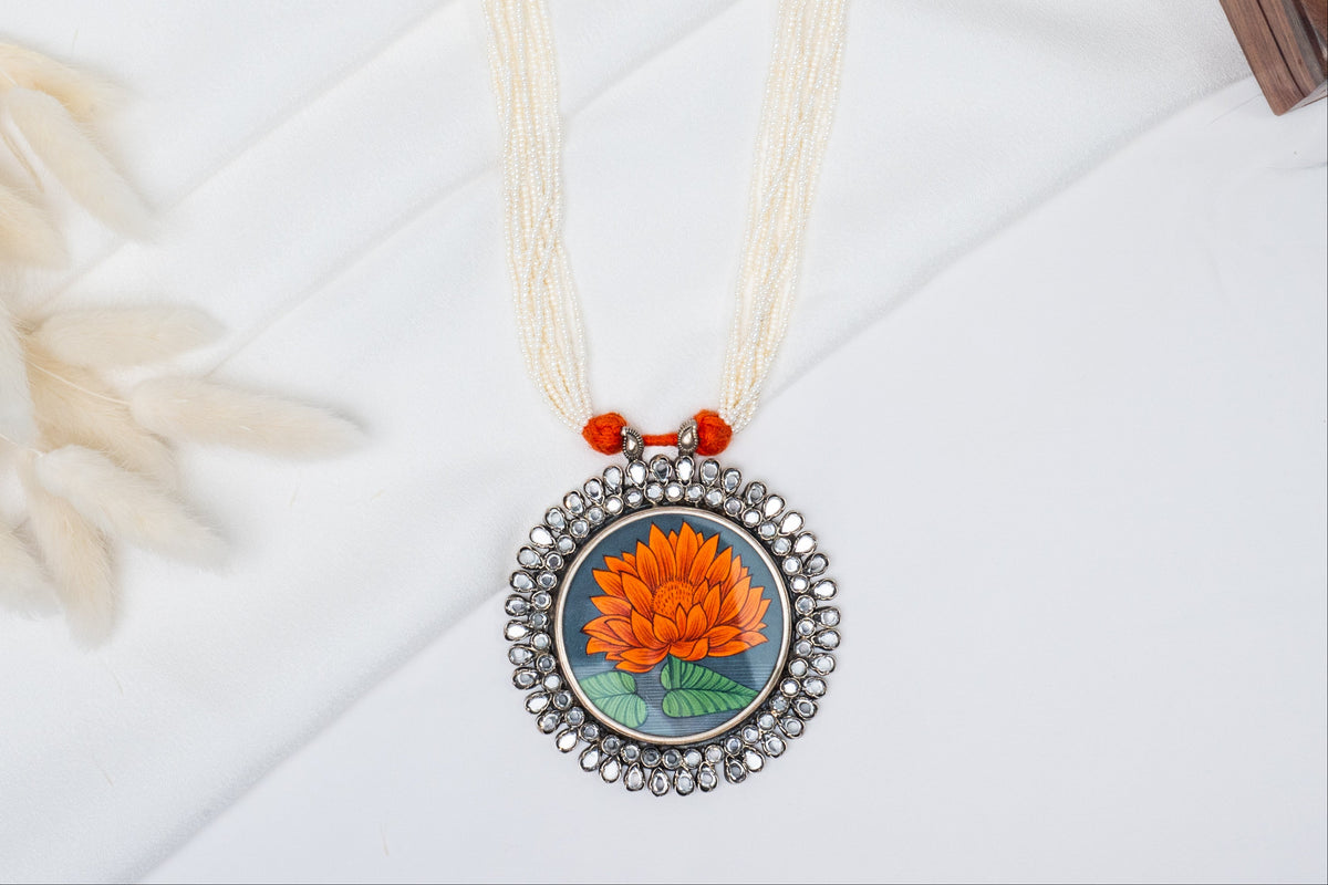 Orange Lotus Kundan Oxidised Silver Multilayer Pearl Beaded Necklace
