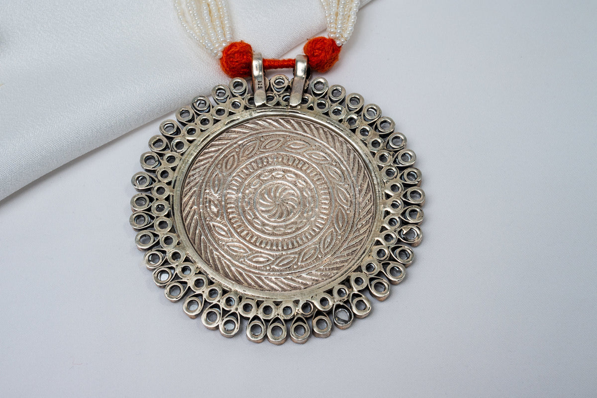 Orange Lotus Kundan Oxidised Silver Multilayer Pearl Beaded Necklace