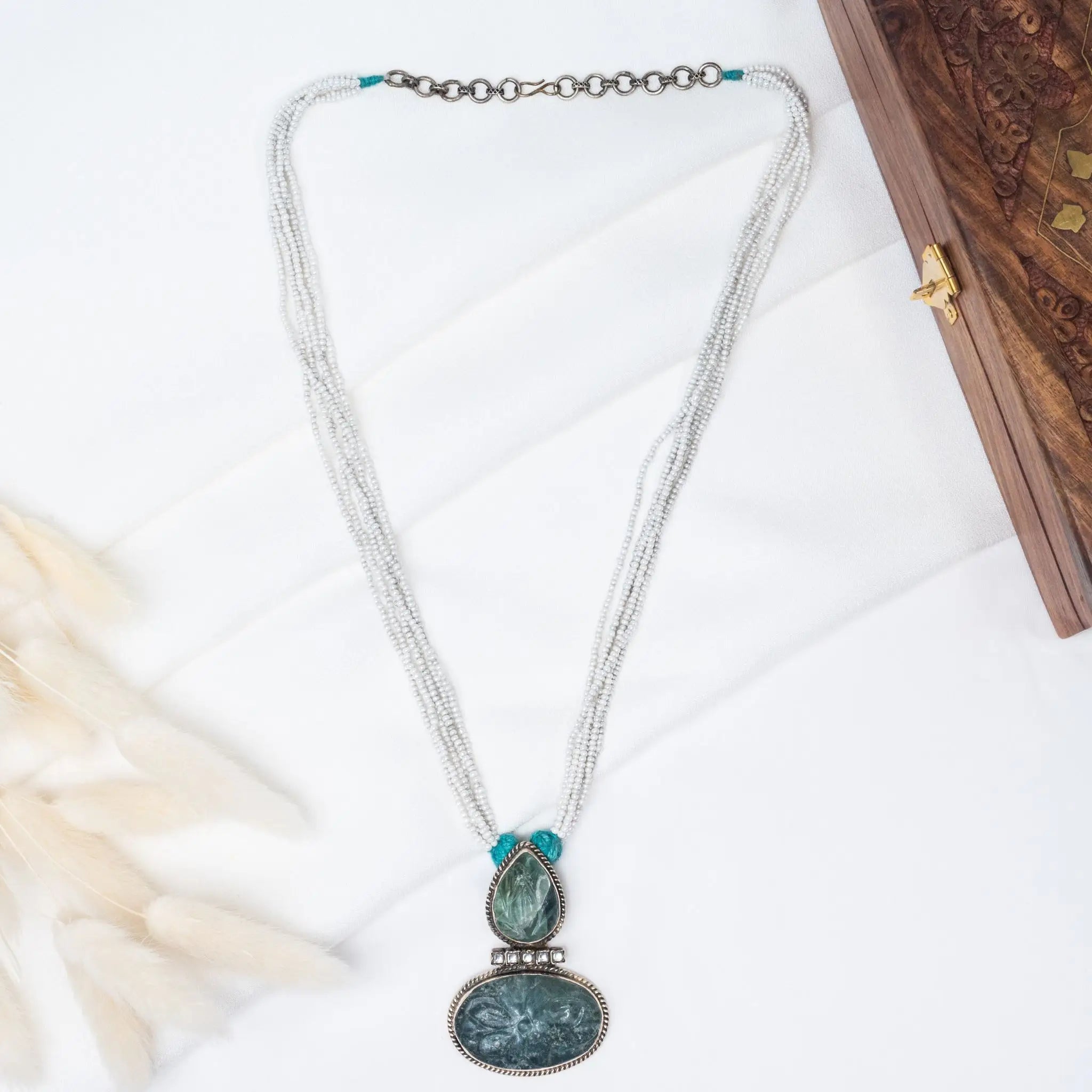 Royal Jaipur 925 Premium Silver Diya Emerald Pearl Necklace