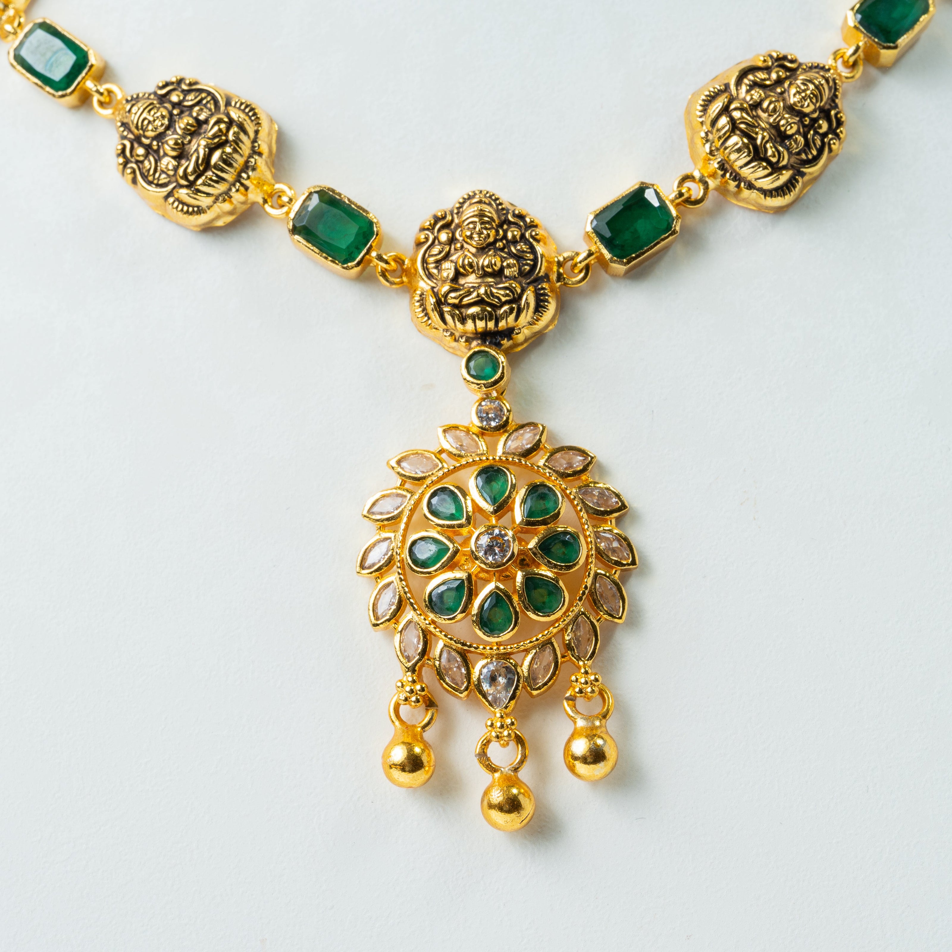 Emerald Lakshmi Gold Plated 925 Silver Long Necklace with Pendant