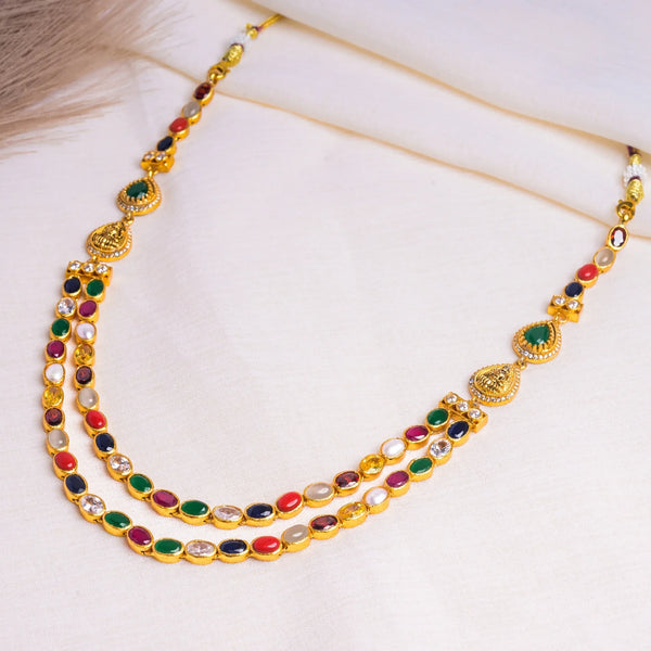 Navratna Twin Mother of Pearl Necklace 925 Silver Dual Tone