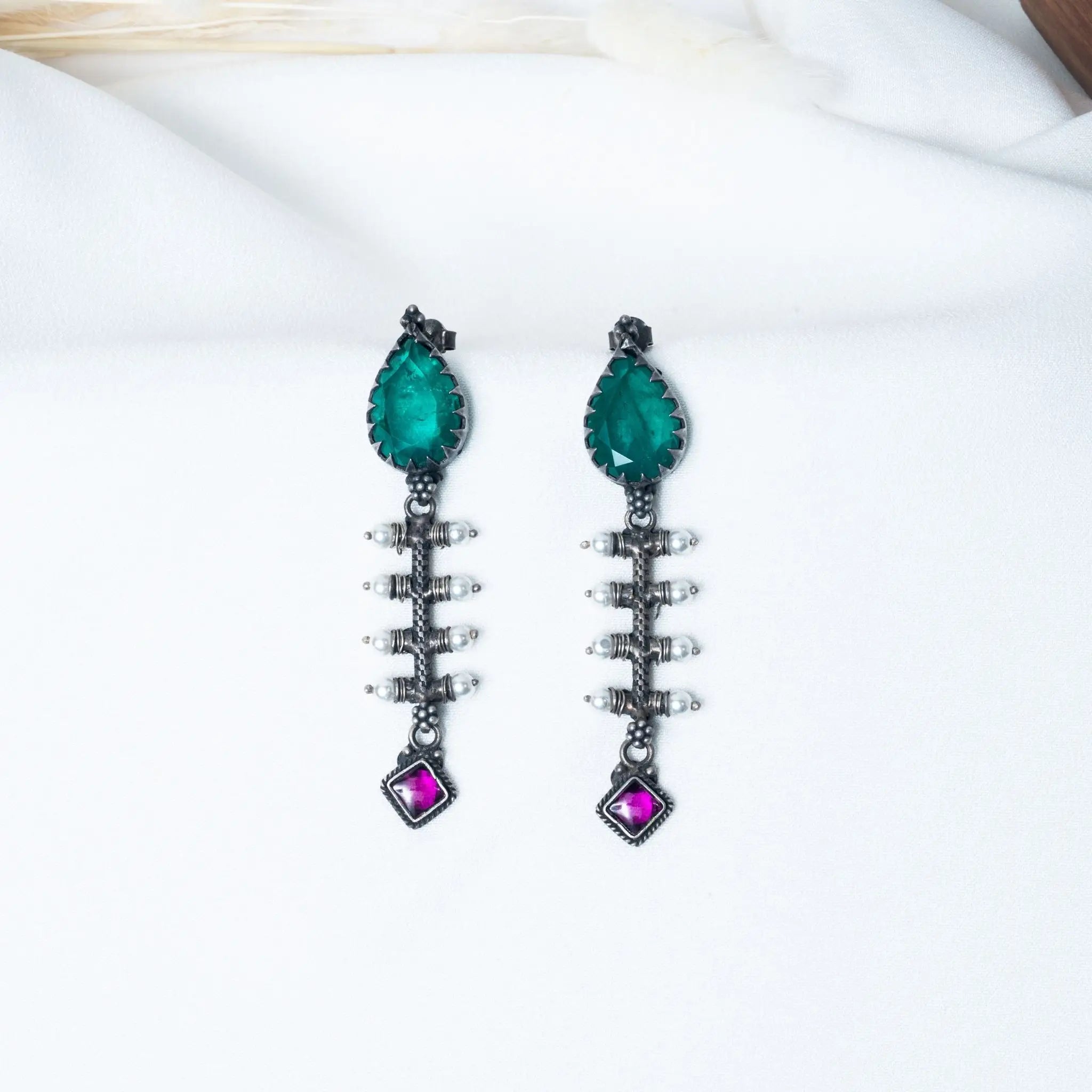 Graceful Emerald Long Pearl Hanging Earrings in 925 Premium Silver Jewelry for Women