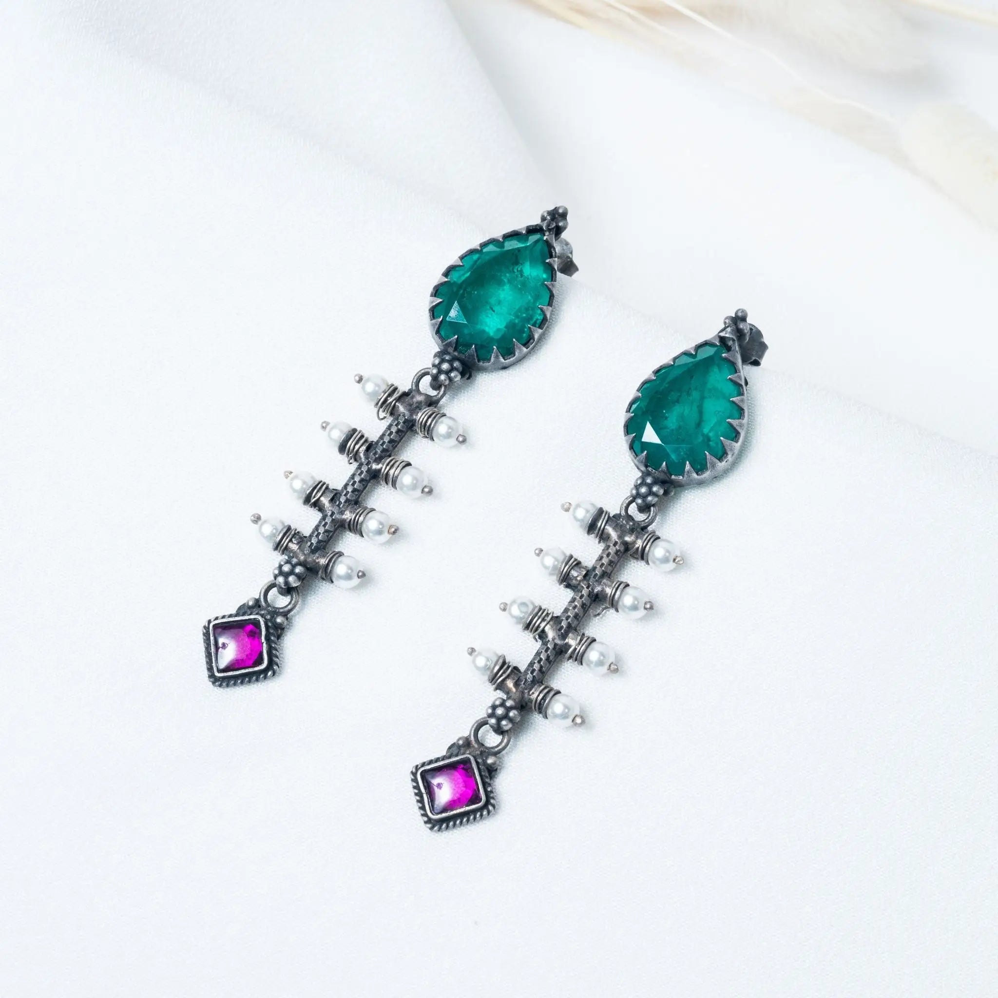 Graceful Emerald Long Pearl Hanging Earrings in 925 Premium Silver Jewelry for Women